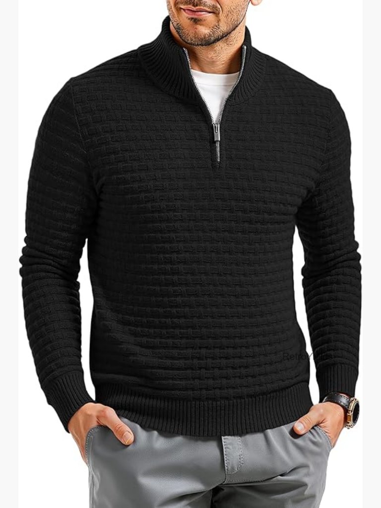 Men's Quarter Zip Pullover Sweater Relaxed Fit Knit Texture Ribbed Edge